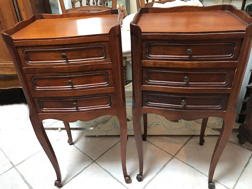 pair of smart vintage french bedside tables with 3 drawers